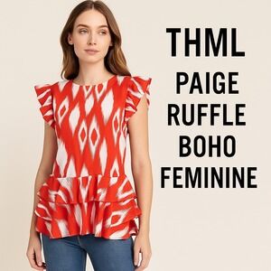 THML Woman's Blouse Sz M Paige Ruffle Flutter Sleeve Peplum Ikat Boho Bright Red
